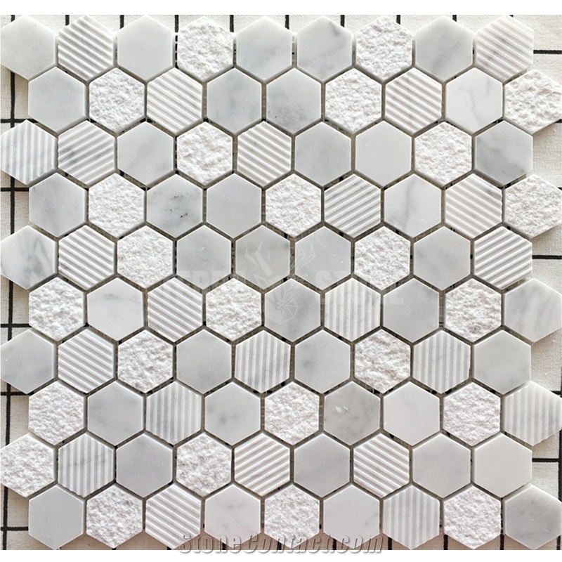 1 Inch Hexagon Carrara White Marble Stone Mosaic Textured