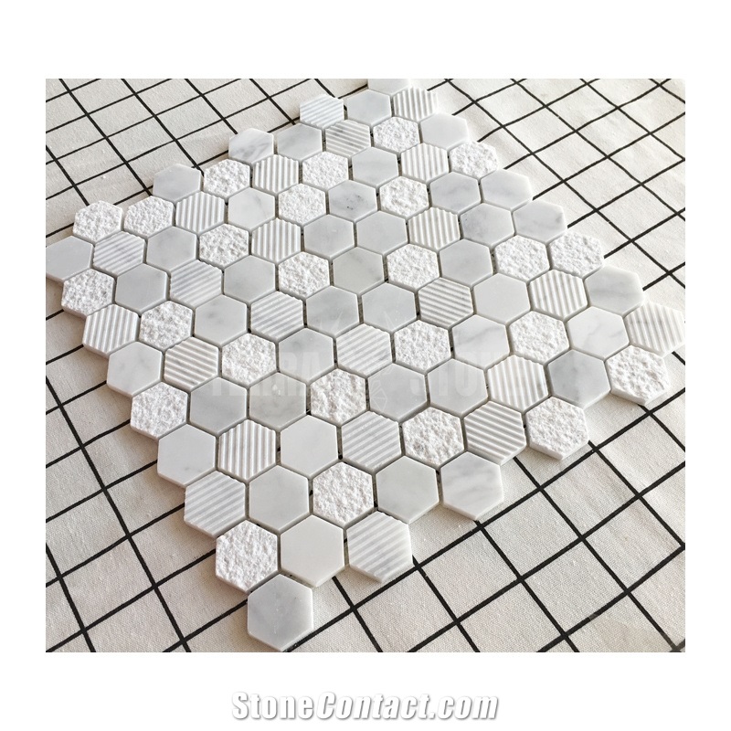 1 Inch Hexagon Carrara White Marble Stone Mosaic Textured