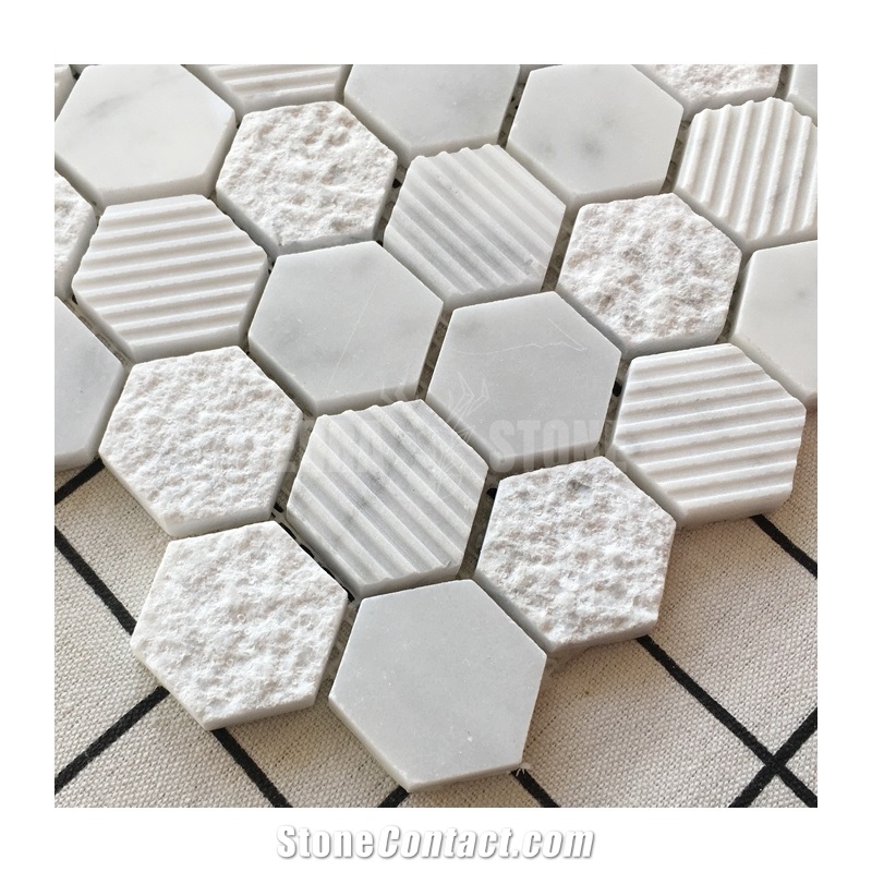 1 Inch Hexagon Carrara White Marble Stone Mosaic Textured