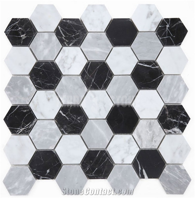 2" Hexagon Carrara White Marble Nero Marquina Mosaic Tile