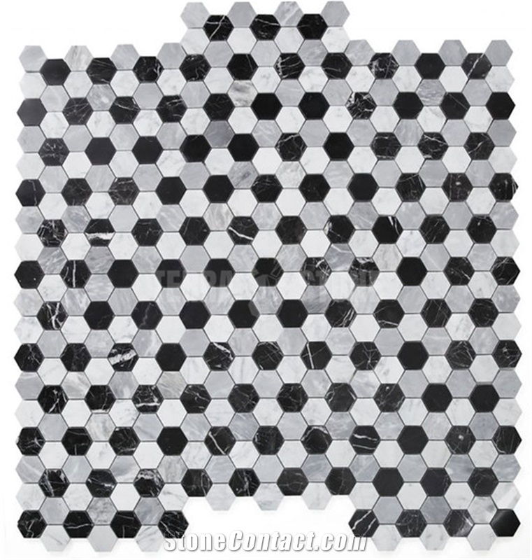 2" Hexagon Carrara White Marble Nero Marquina Mosaic Tile