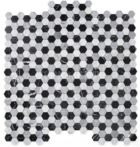 2" Hexagon Carrara White Marble Nero Marquina Mosaic Tile
