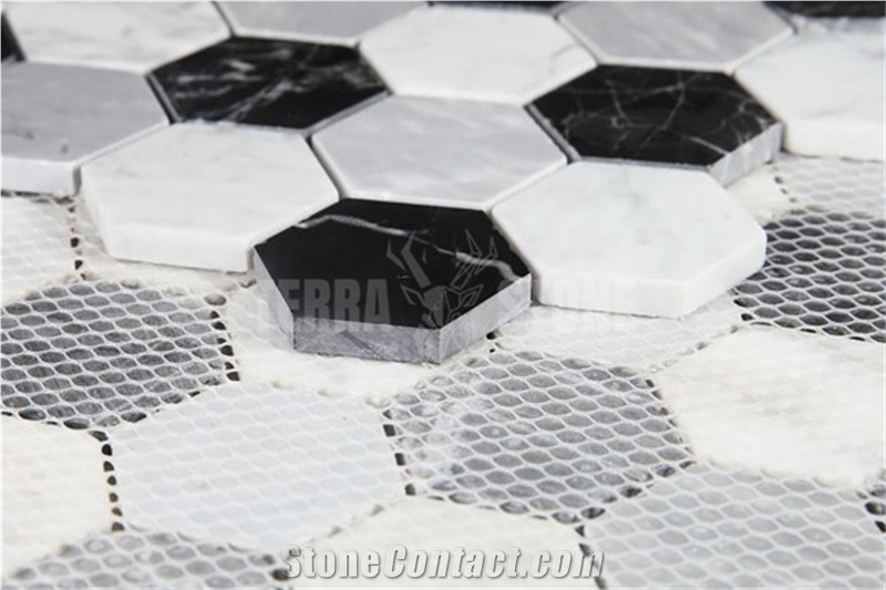 2" Hexagon Carrara White Marble Nero Marquina Mosaic Tile