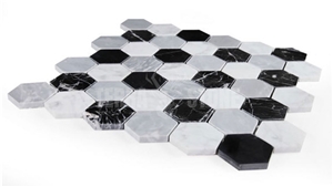 2" Hexagon Carrara White Marble Nero Marquina Mosaic Tile