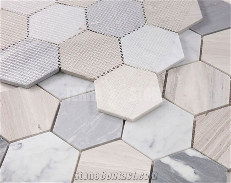 3" Hexagon Marble Mosaic Carrara White Wooden Marble Tile