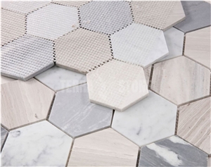 3" Hexagon Marble Mosaic Carrara White Wooden Marble Tile