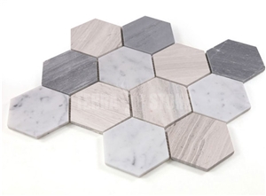 3" Hexagon Marble Mosaic Carrara White Wooden Marble Tile