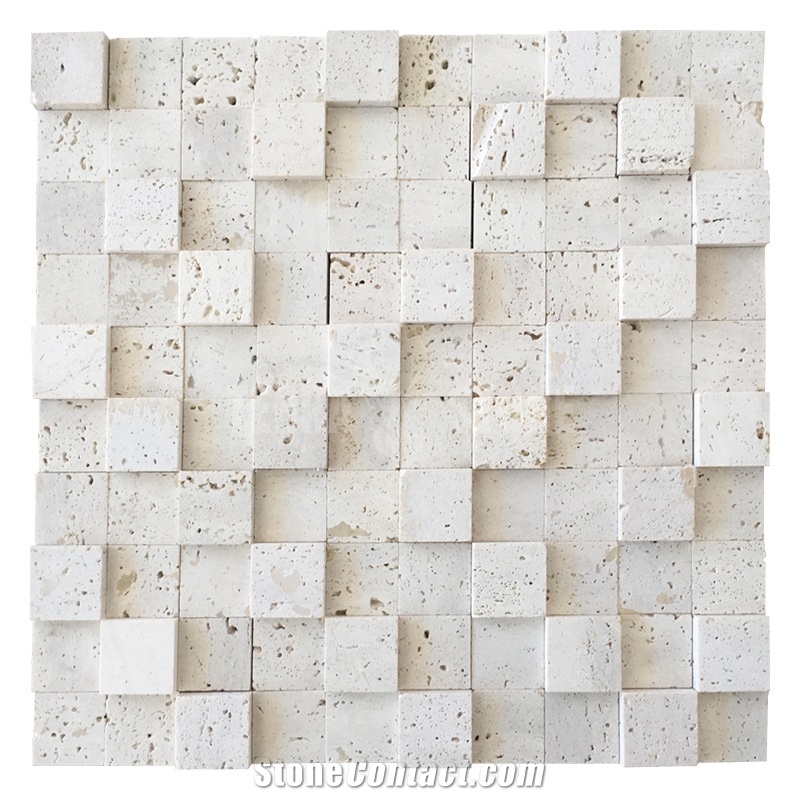 3D White Travertine Mosaic Wall Tile Square Pattern Tiles