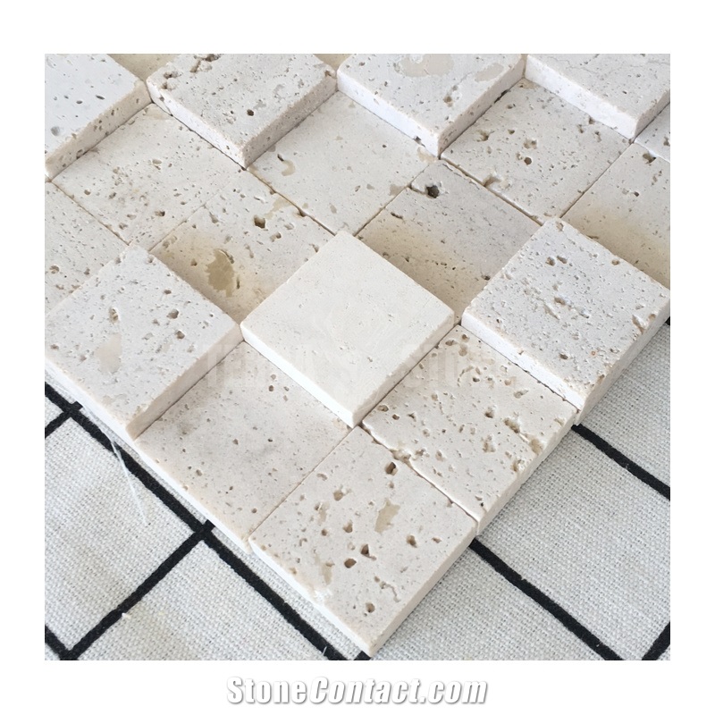 3D White Travertine Mosaic Wall Tile Square Pattern Tiles