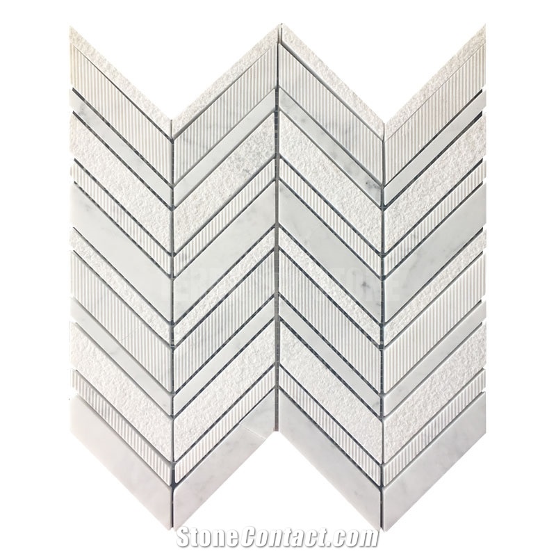 Carrara White Marble Chevron Backplash Textured Mosaic