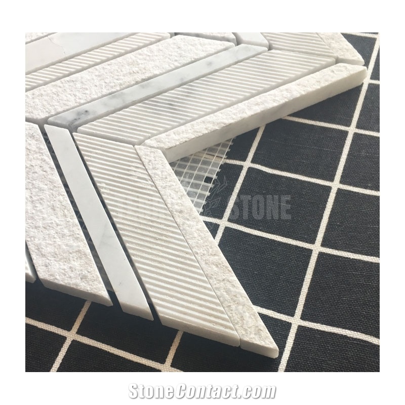 Carrara White Marble Chevron Backplash Textured Mosaic