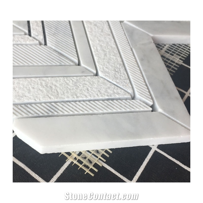 Carrara White Marble Chevron Backplash Textured Mosaic