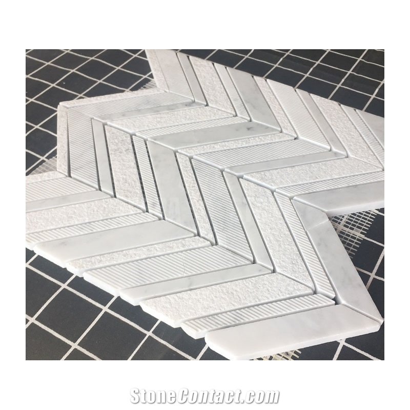 Carrara White Marble Chevron Backplash Textured Mosaic