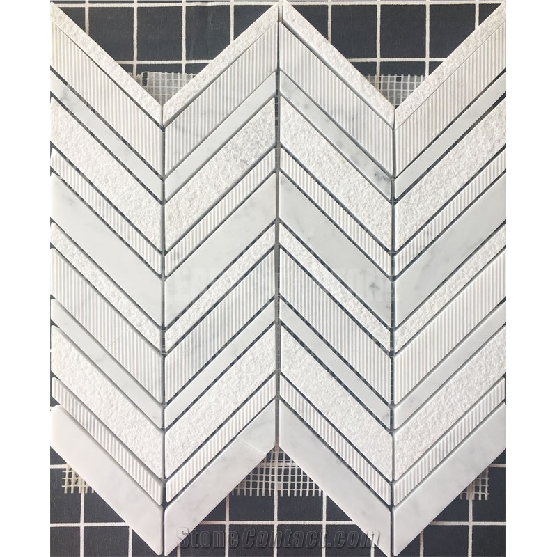 Carrara White Marble Chevron Backplash Textured Mosaic