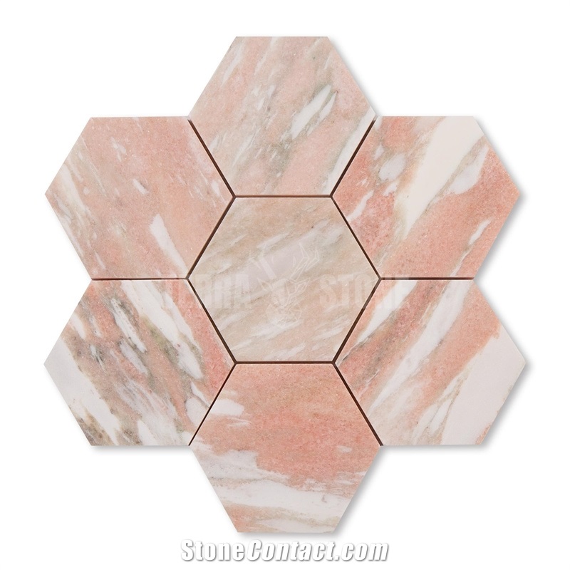 Herringbone Norwegian Rose Pink Marble Mosaic Floor Tile