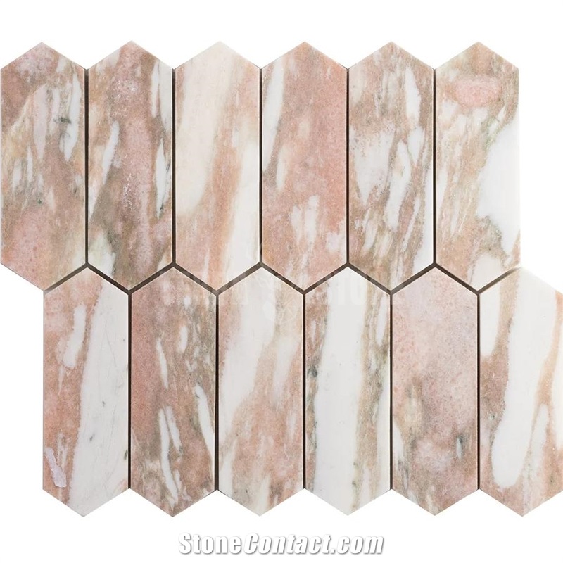 Herringbone Norwegian Rose Pink Marble Mosaic Floor Tile