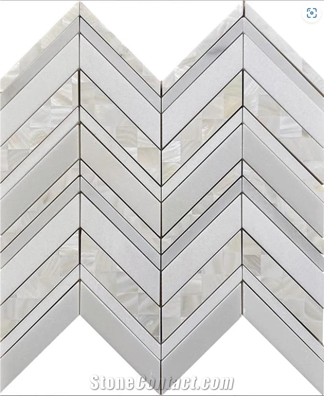 HERRINGBONE PEARL WHITE THASSOS MARBLE AND SHELL MOSAIC TILE