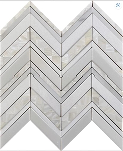 HERRINGBONE PEARL WHITE THASSOS MARBLE AND SHELL MOSAIC TILE