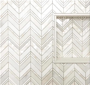 HERRINGBONE PEARL WHITE THASSOS MARBLE AND SHELL MOSAIC TILE