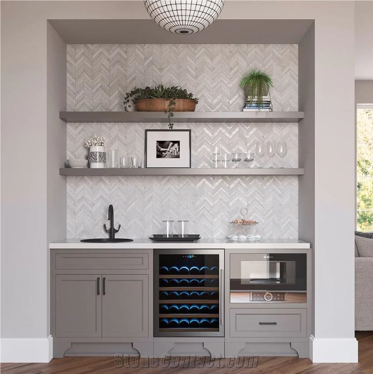 HERRINGBONE PEARL WHITE THASSOS MARBLE AND SHELL MOSAIC TILE