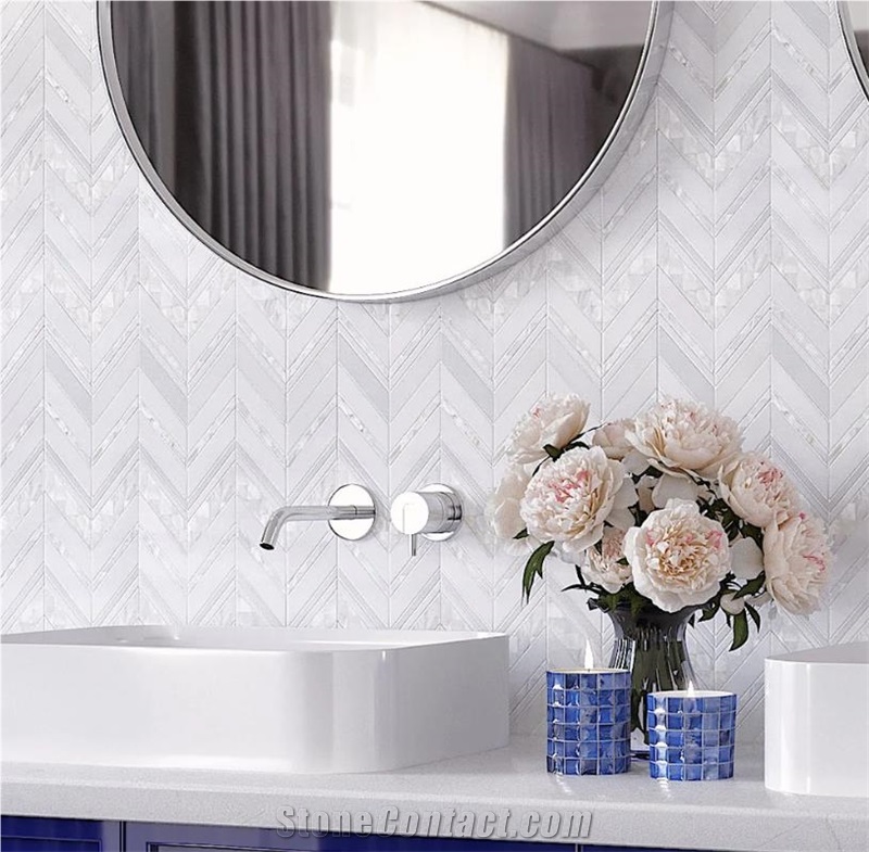 HERRINGBONE PEARL WHITE THASSOS MARBLE AND SHELL MOSAIC TILE