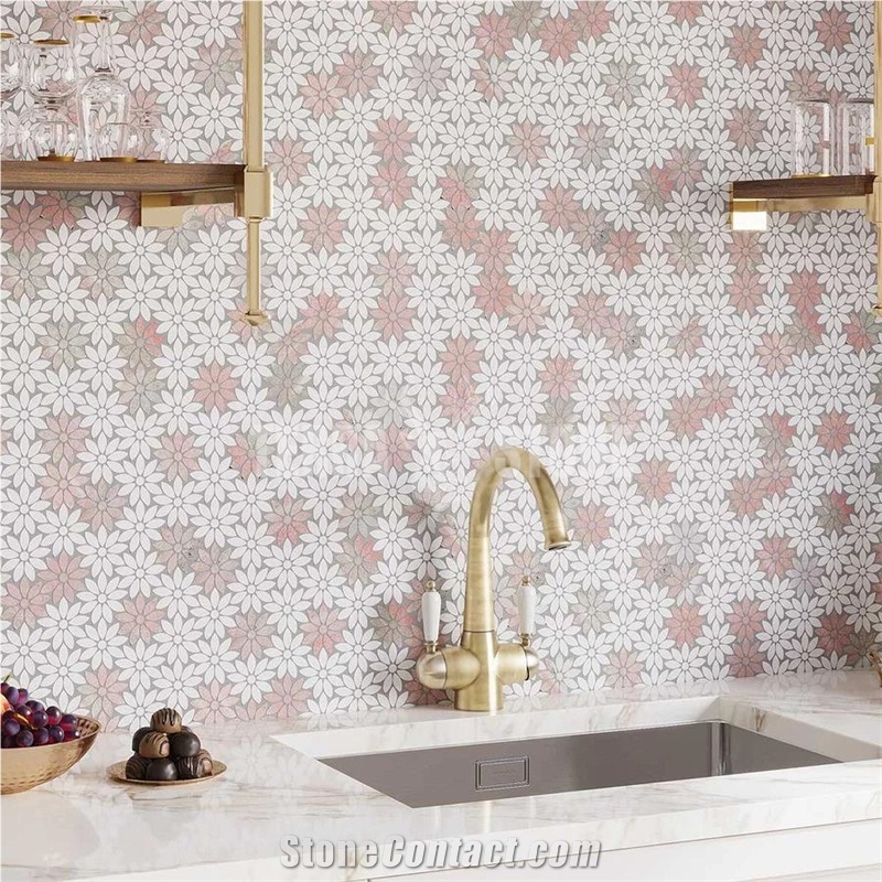 MEADOW NORWEGIAN ROSE FLOWER MARBLE MOSAIC TILE
