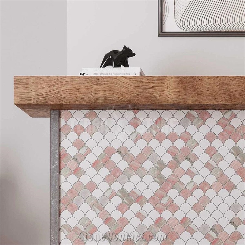 NORWEGIAN ROSE AND THASSOS MINI SCALE MARBLE MOSAIC TILE