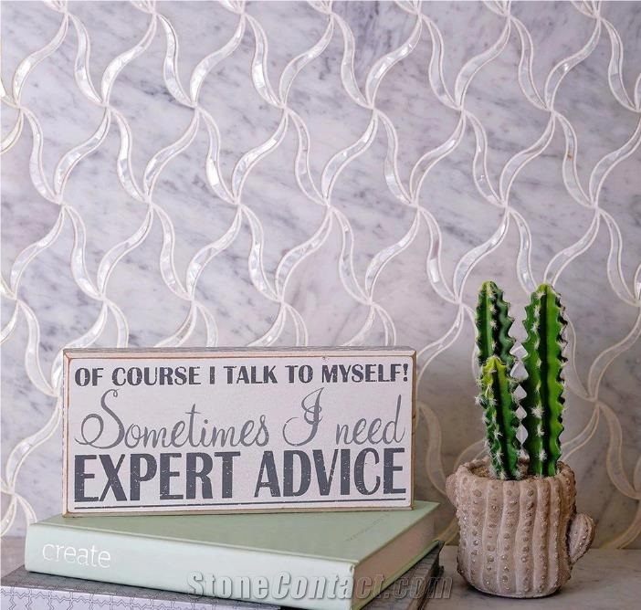 RIBBON WHITE MARBLE MOTHER OF PEARL WATERJET MOSAIC TILE