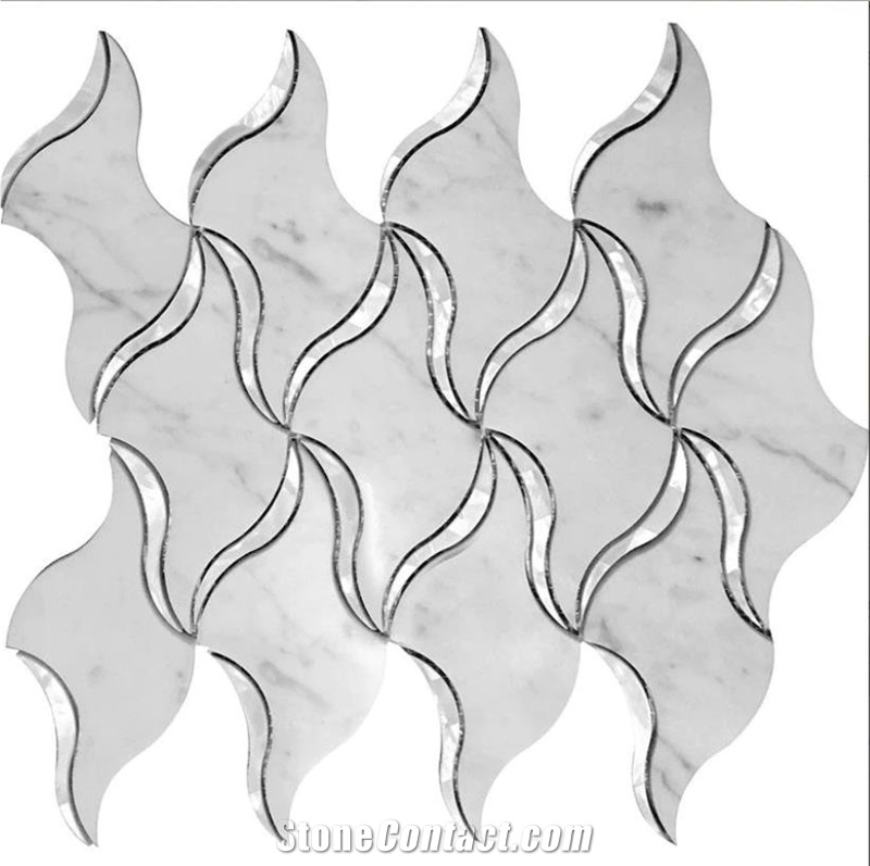 RIBBON WHITE MARBLE MOTHER OF PEARL WATERJET MOSAIC TILE