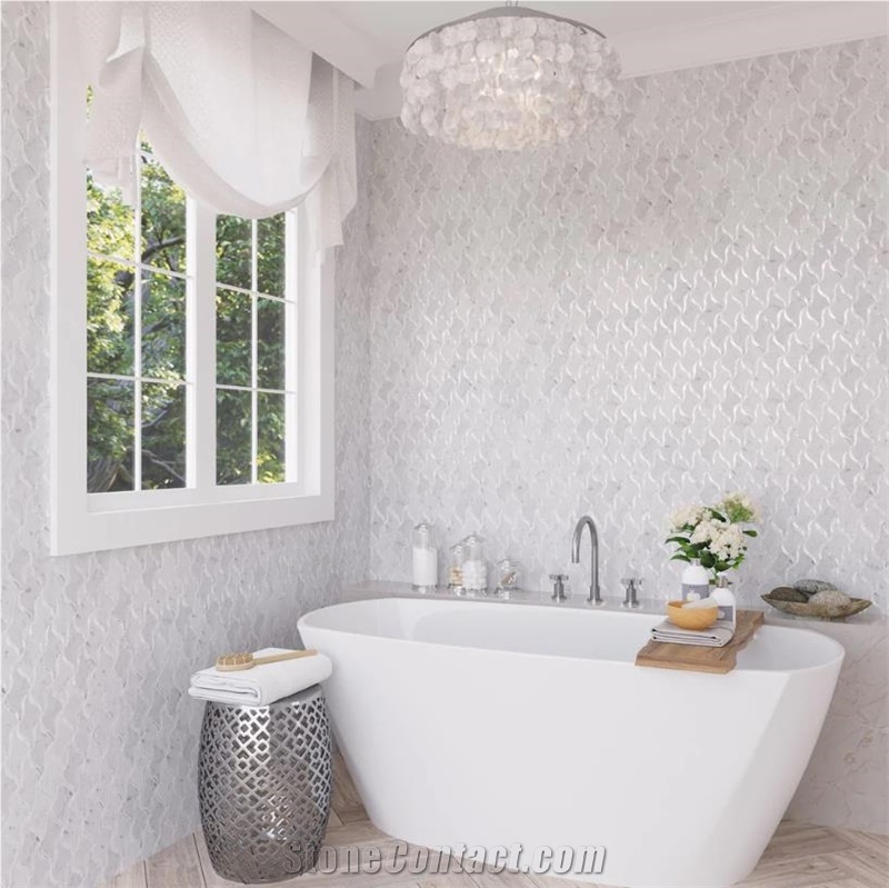 RIBBON WHITE MARBLE MOTHER OF PEARL WATERJET MOSAIC TILE