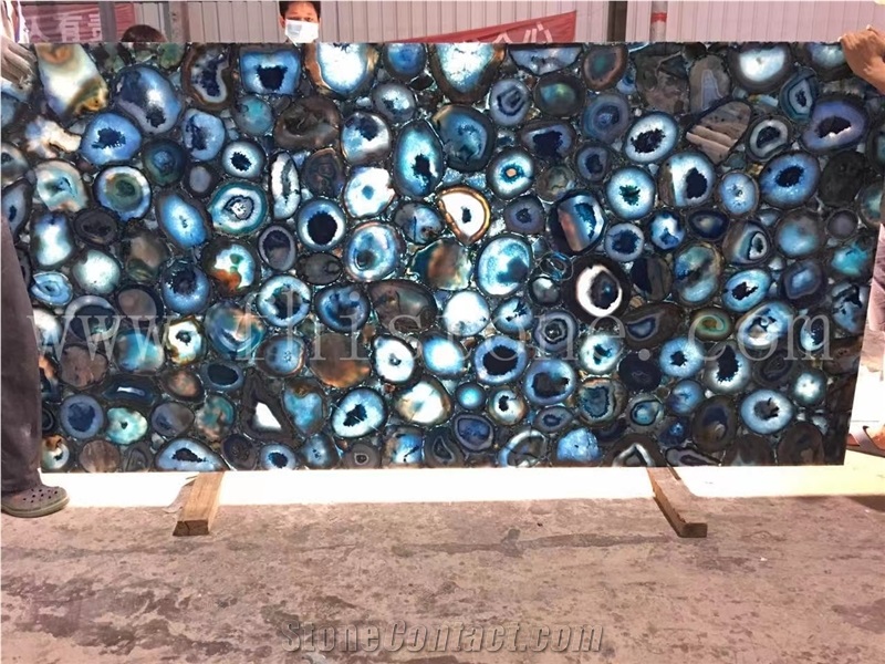 Backlit Blue Agate Stone Slab Gemstone Semiprecious Stone