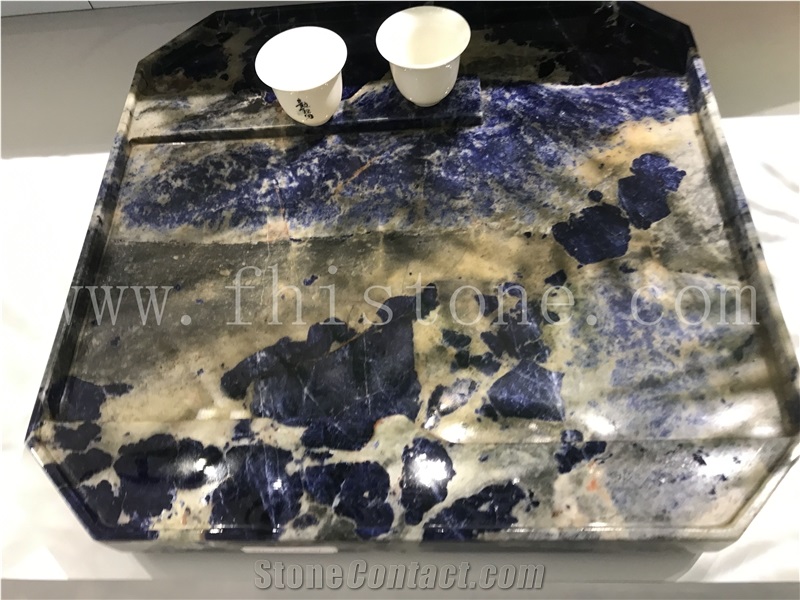 Sodalit Blue Stone Tea Tray Handmade Carved Stone Gift