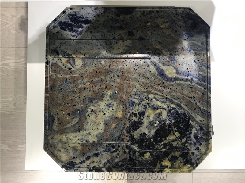 Sodalite Blue Granite Tea Tray Tea Table Hand Carved Gift
