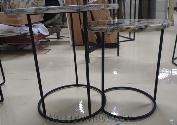 Exotic Da Vinci Marble Round Marble Top Iron Coffee Table