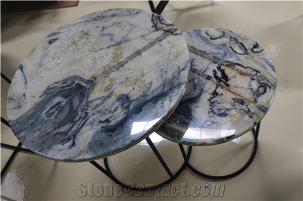 Exotic Da Vinci Marble Round Marble Top Iron Coffee Table