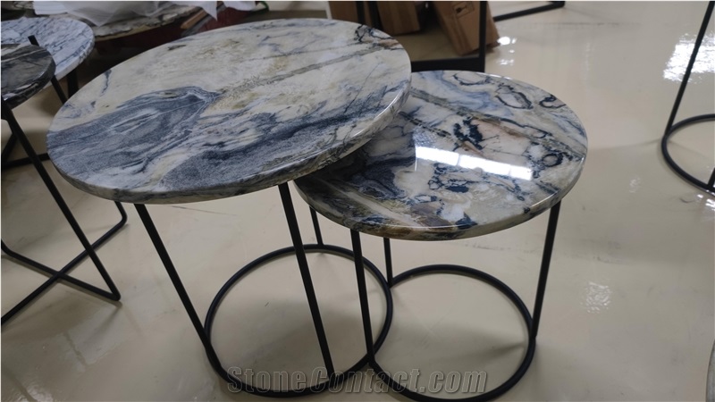 Exotic Da Vinci Marble Round Marble Top Iron Coffee Table