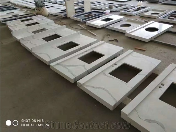 Carrara Calacatta Crystal White Quartz Kitchen Countertops