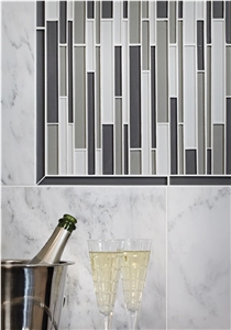 Stagger Cloud Blend Arctic White, Lunar Gray Medium, Smoke Glass Mosaic Tiles