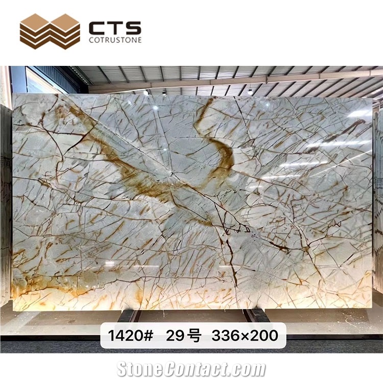Roman Impression Quartzite Slabs White Background Gold Veins