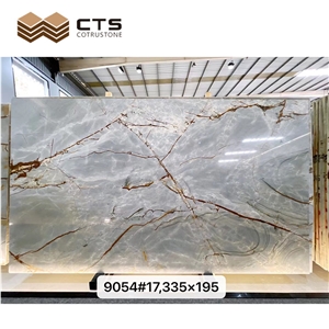 Roman Impression Quartzite Slabs White Background Gold Veins