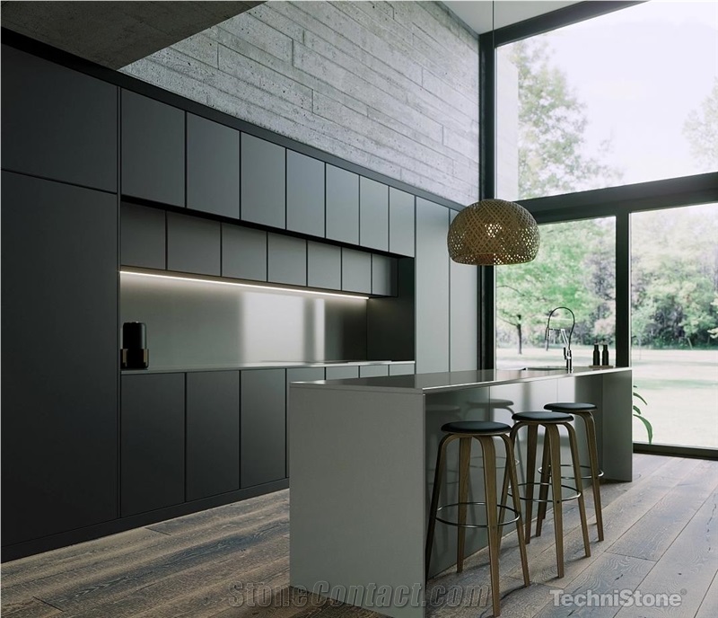 Crystal Steel Quartz Perimeter Countertop And Kitchen Island