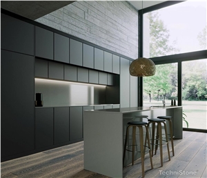 Crystal Steel Quartz Perimeter Countertop And Kitchen Island
