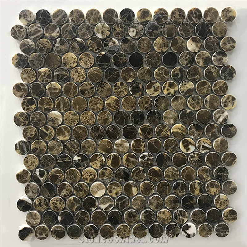 Emperador Dark Polished Marble Penny Round Mosaic Tile