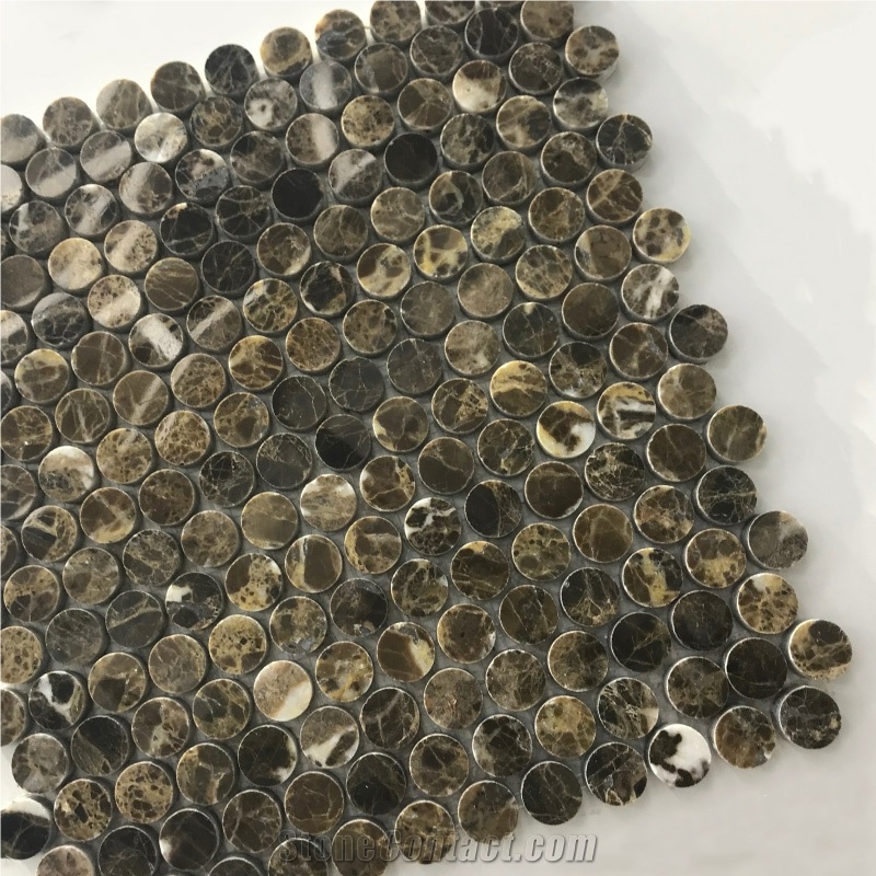 Emperador Dark Polished Marble Penny Round Mosaic Tile