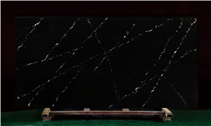 Black Quartz Slab With White Vein