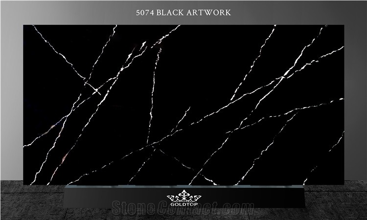 Black Quartz Slab With White Vein