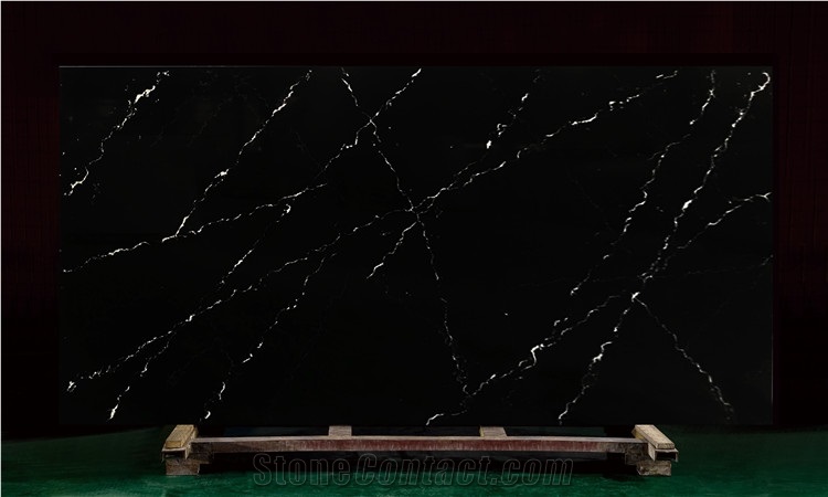 Black Quartz Slab With White Vein