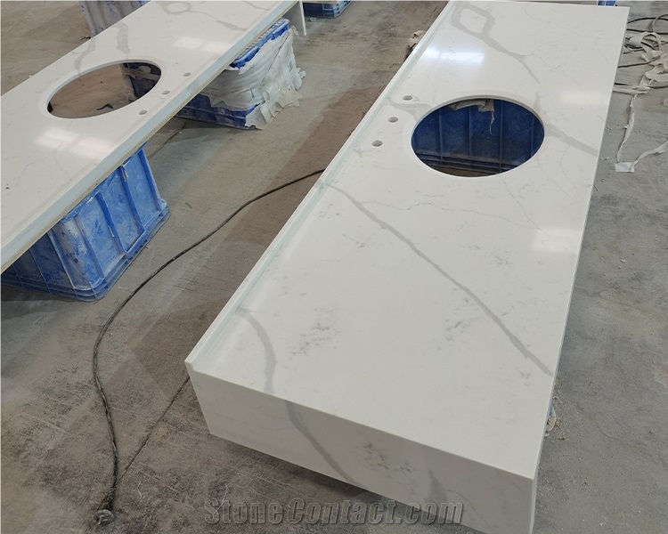 Prefab Calacatta White Quartz Kitchen Countertops