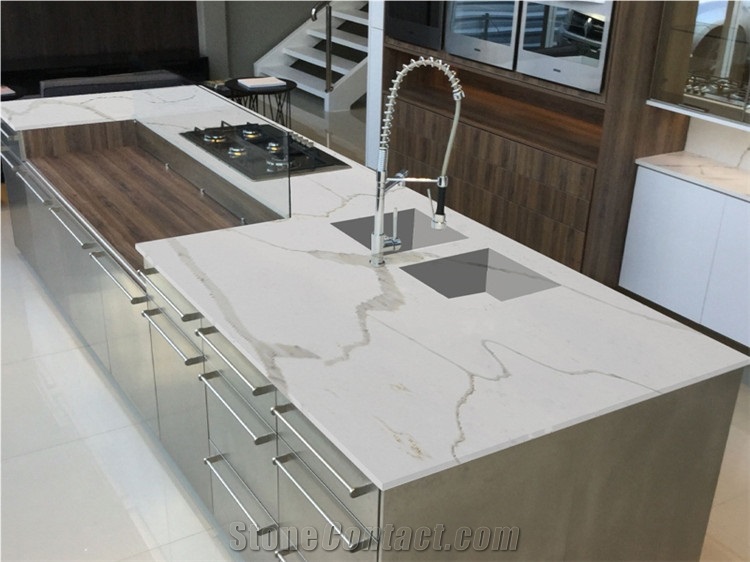 White Calacatta Quartz Bookmatched Slab