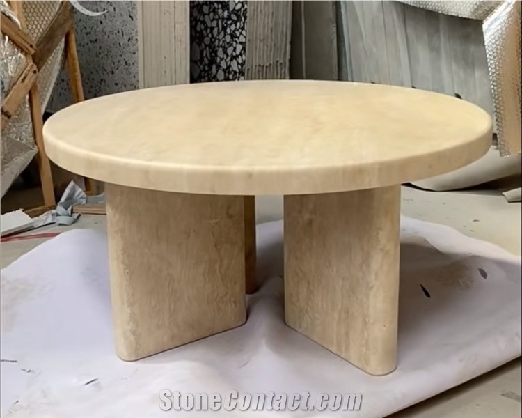 Creative Honed Round Beige Travertine Coffee Tea Table